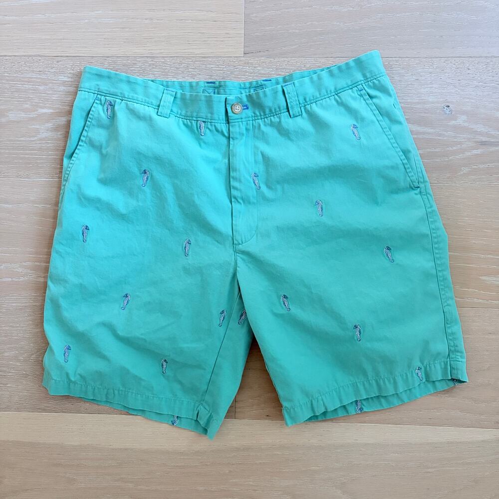 J. McLaughlin Men's Chino Bermuda Shorts Cotton Embroidered Seahorse Seafoam 36